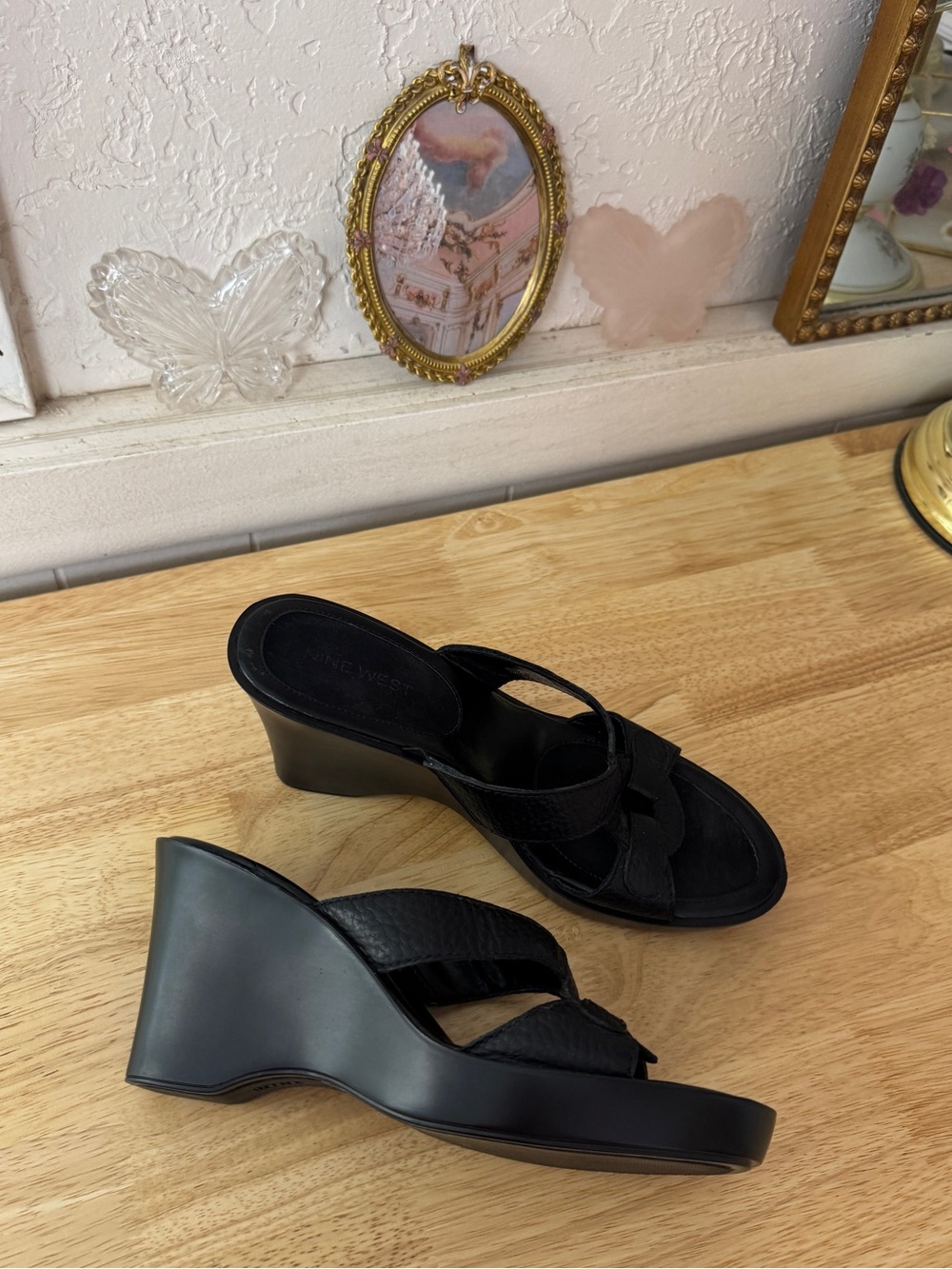 Nine West Black Leather Platform Wedge Slide Sandals Size 7.5 Y2K Minimalist